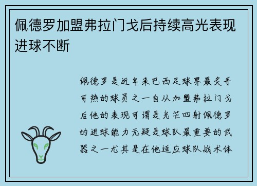 佩德罗加盟弗拉门戈后持续高光表现进球不断